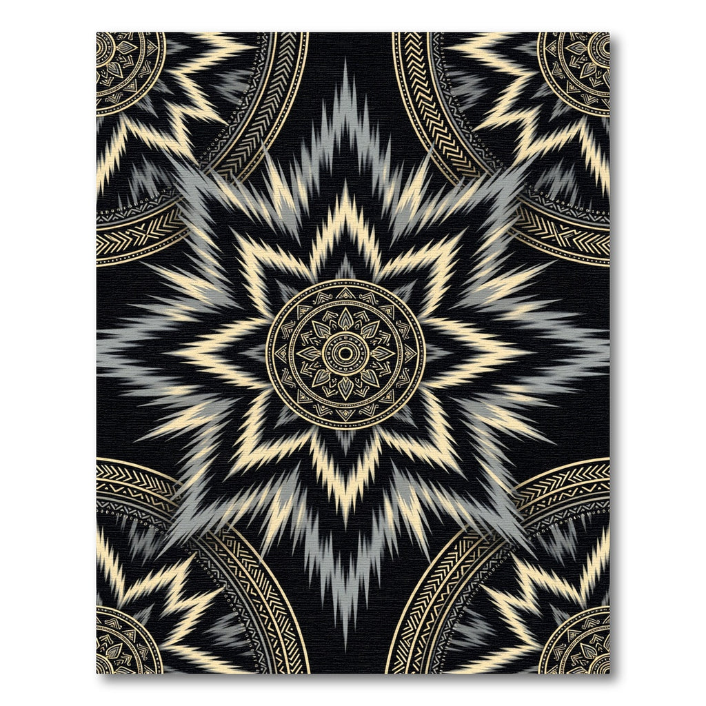 Black and Gold Ikat Sunburst Medallion Rug