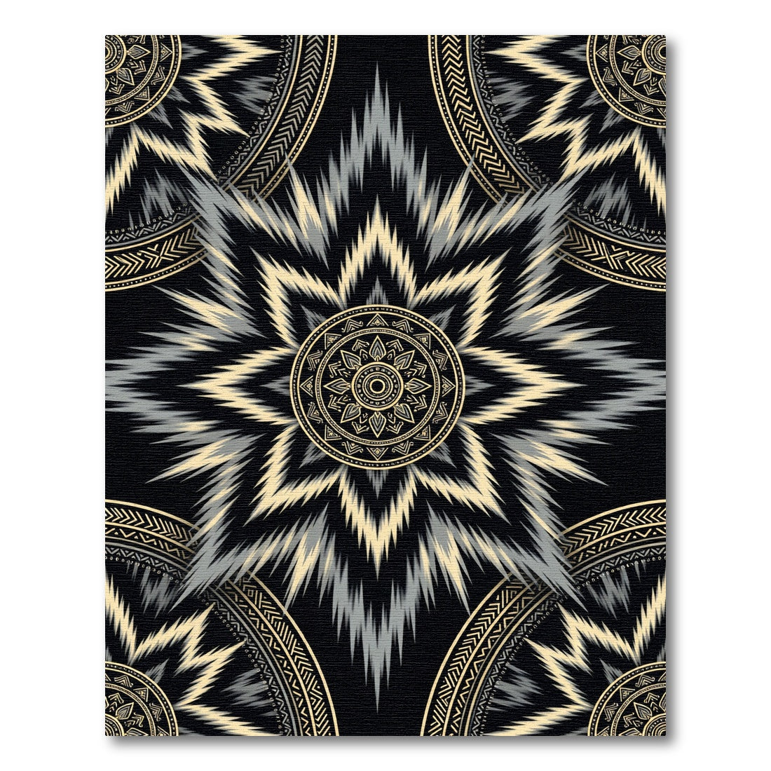 Black and Gold Ikat Sunburst Medallion Rug