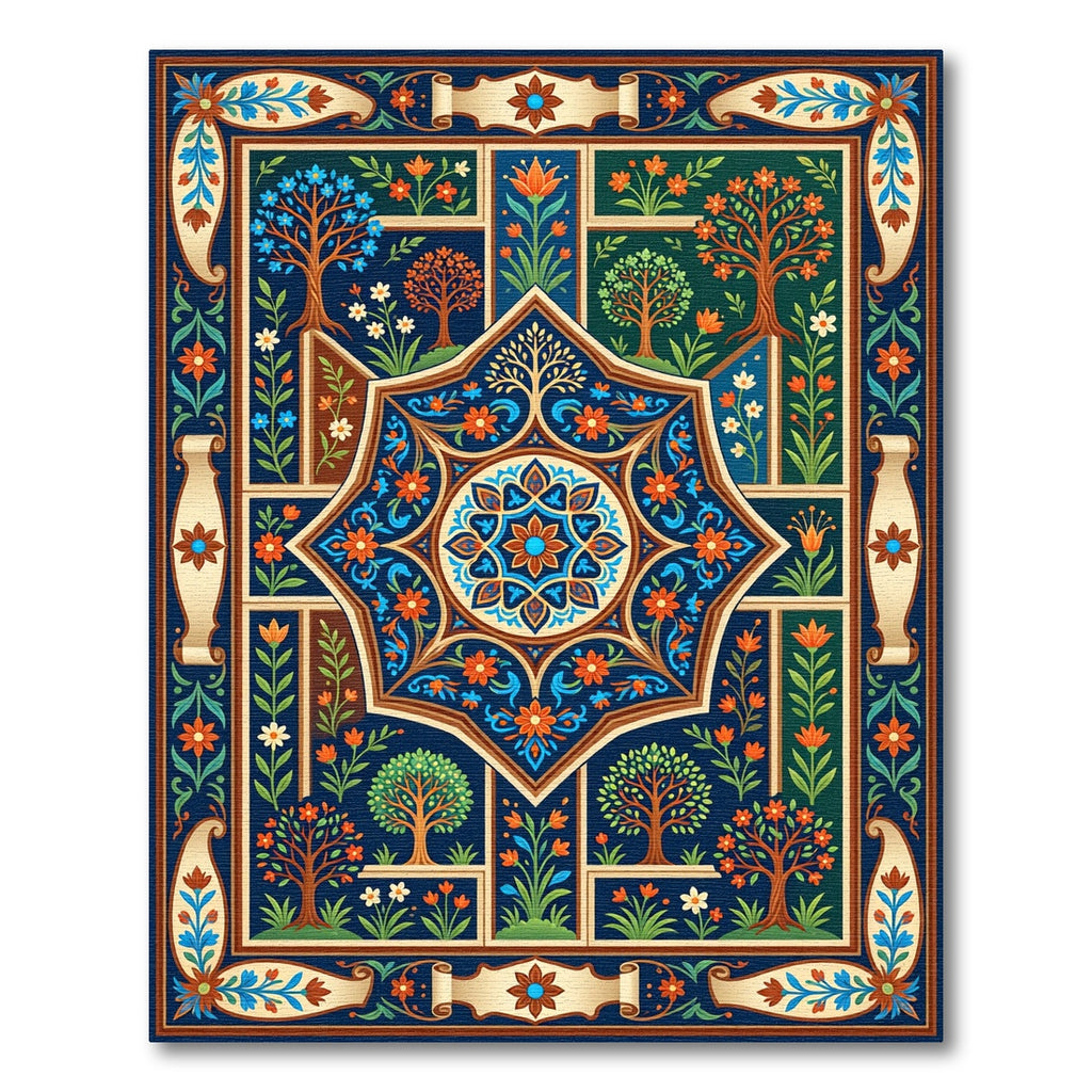 Midnight Blue Botanical Floral Star Medallion Rug