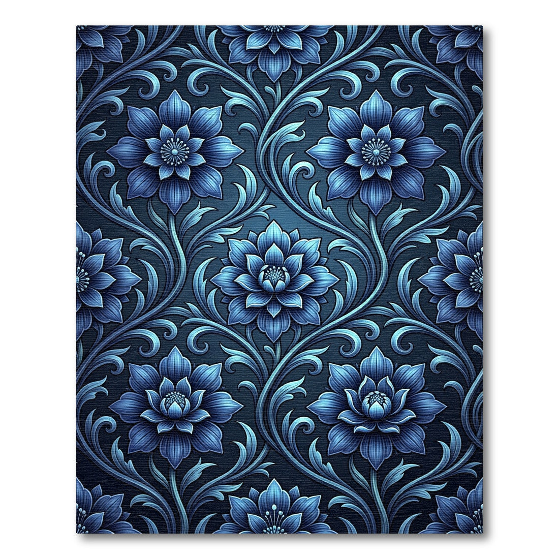 Midnight Blue Floral Scroll Damask Rug