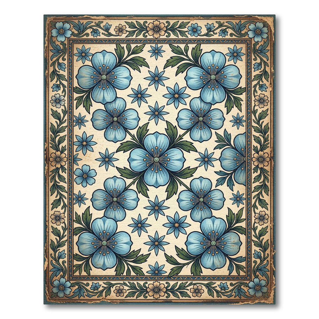 Vintage Blue Floral Botanical Tapestry Rug