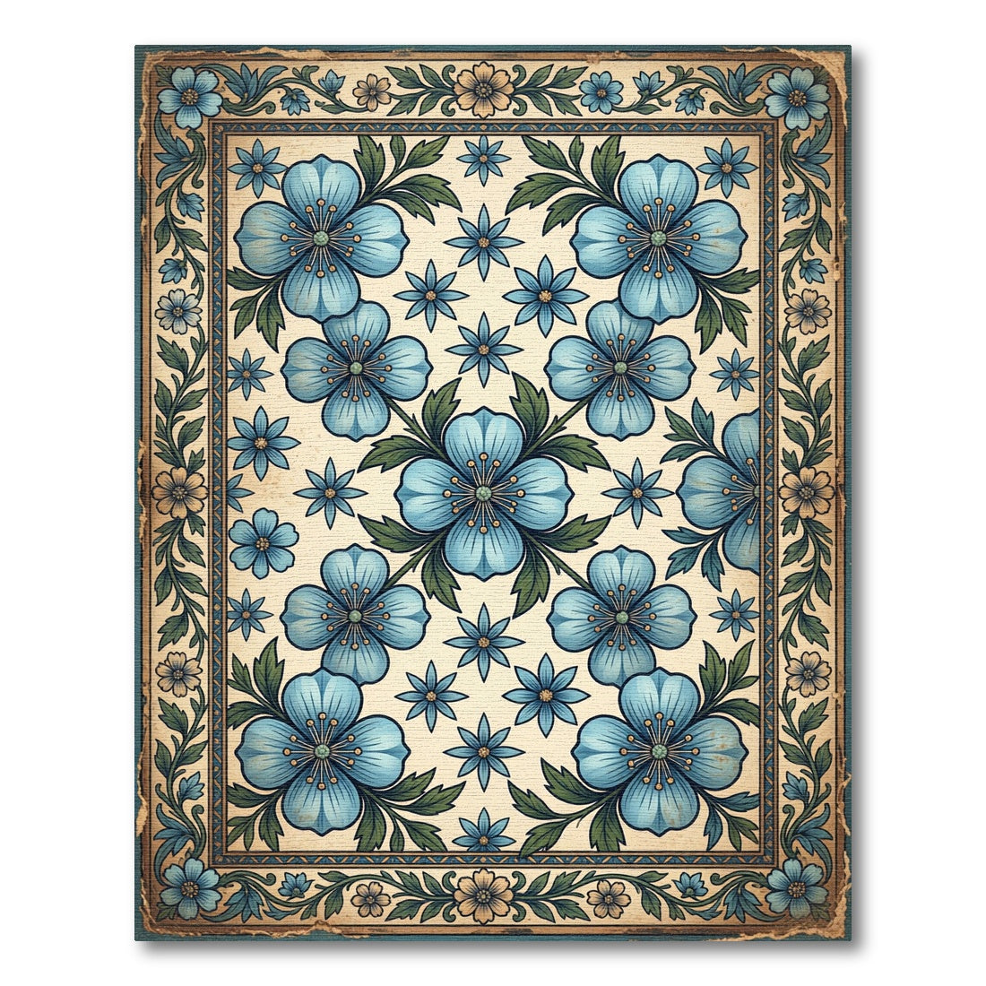 Vintage Blue Floral Botanical Tapestry Rug