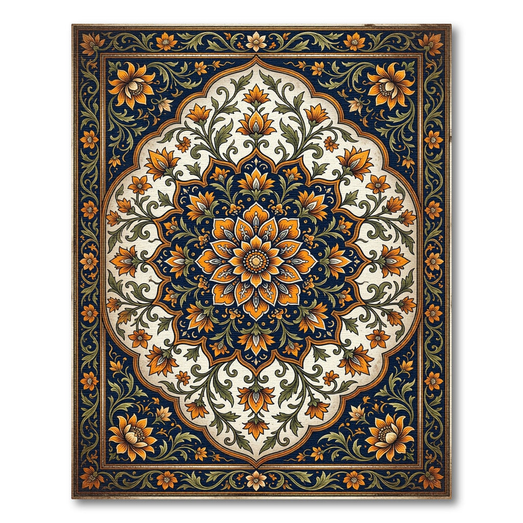 Golden Floral Medallion Navy Ornate Area Rug