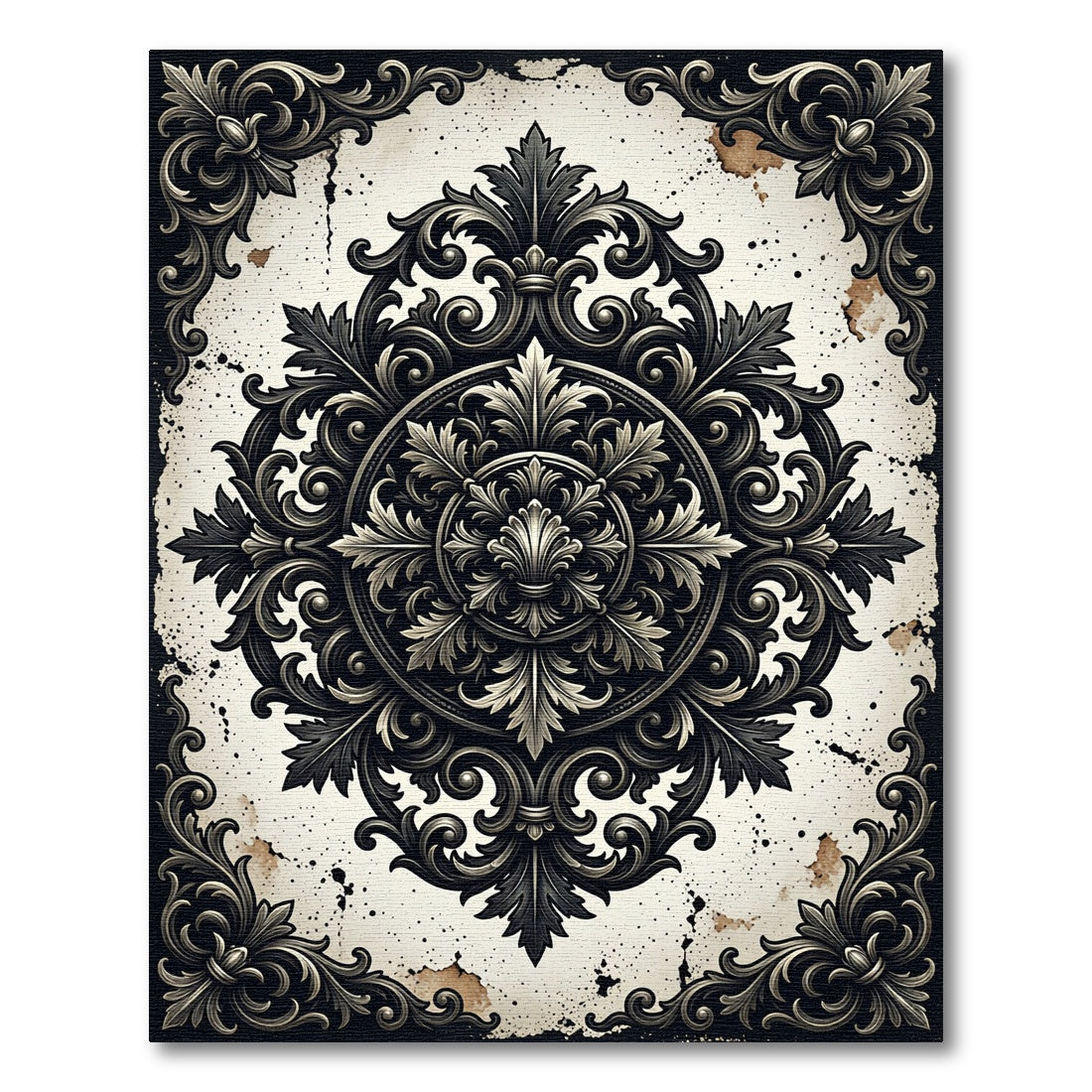 Ornate Black Cream Baroque Floral Medallion Rug