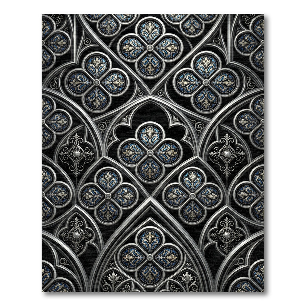 Gothic Blue Silver Quatrefoil Ornamental Rug