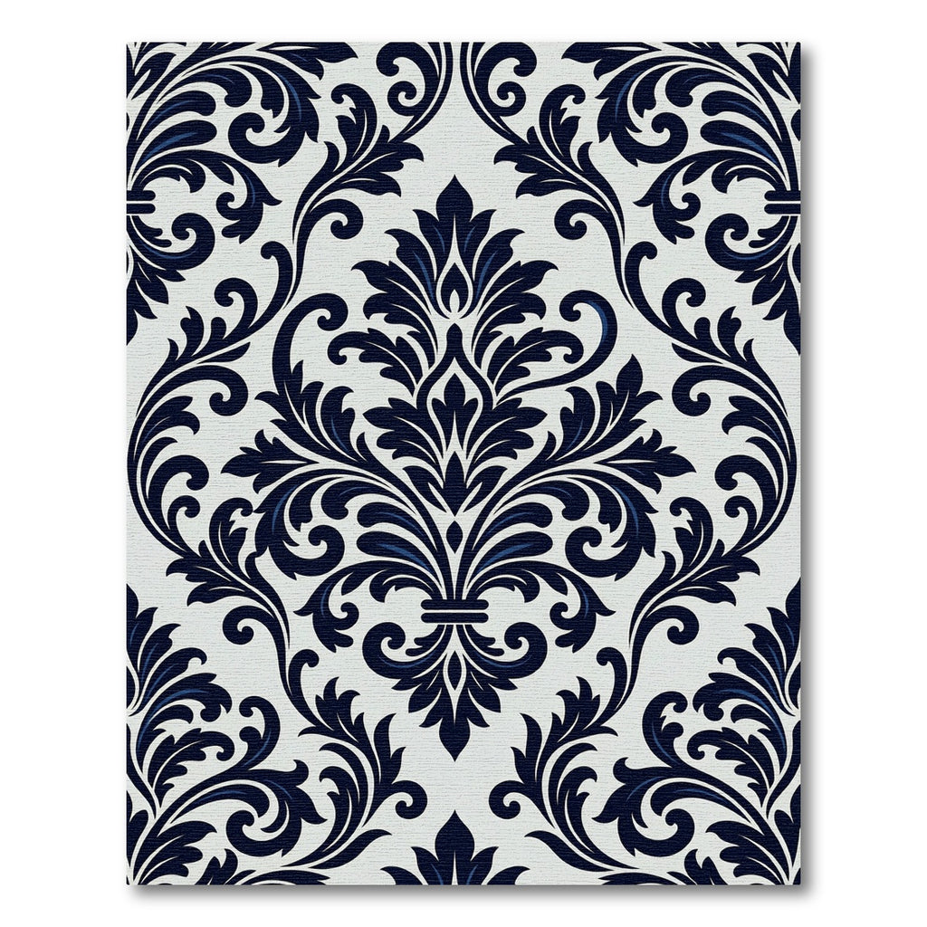 Navy Blue Damask Scroll Floral Art Rug