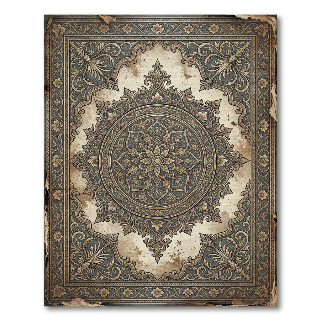 Antique Ornate Floral Medallion Charcoal Gold Rug