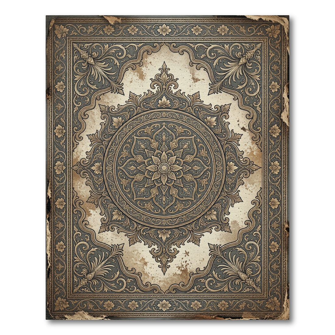 Antique Ornate Floral Medallion Charcoal Gold Rug
