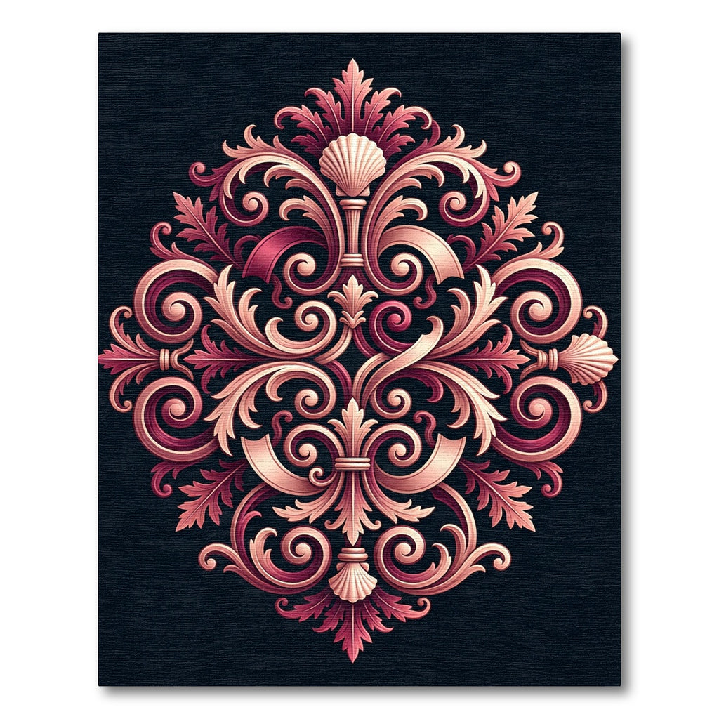 Ornate Crimson and Gold Scrollwork Arrangement Rug