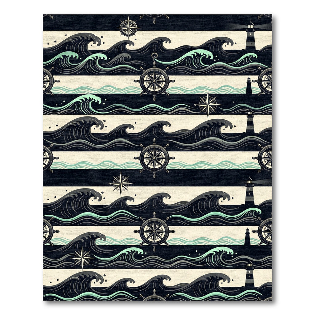 Nautical Black and Cream Wave Compass Rug
