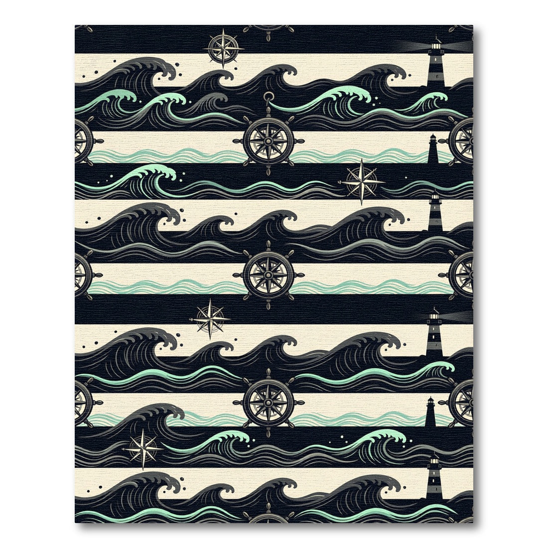 Nautical Black and Cream Wave Compass Rug