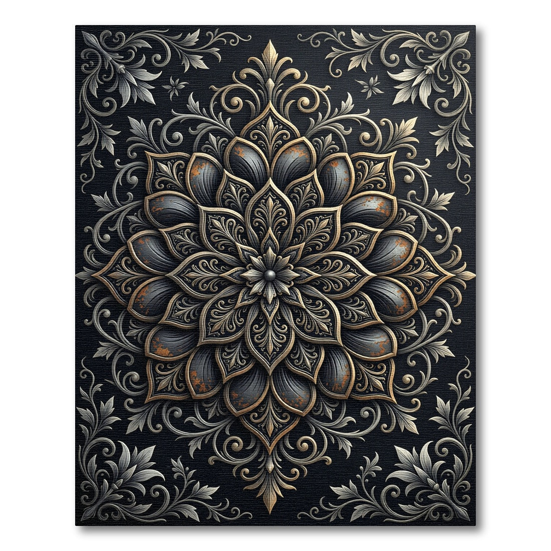 Ornate Black Golden Floral Medallion Rug