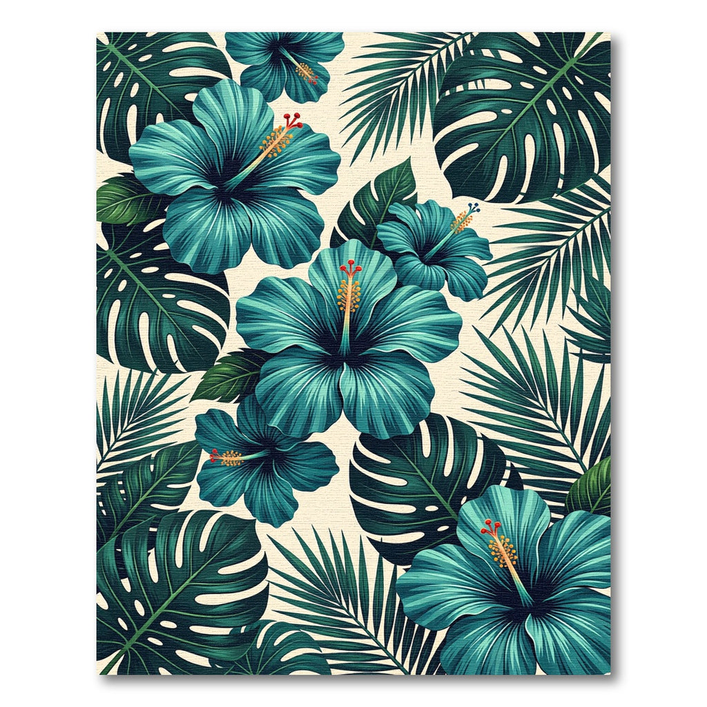 Tropical Teal Hibiscus Leaf Pattern Rug