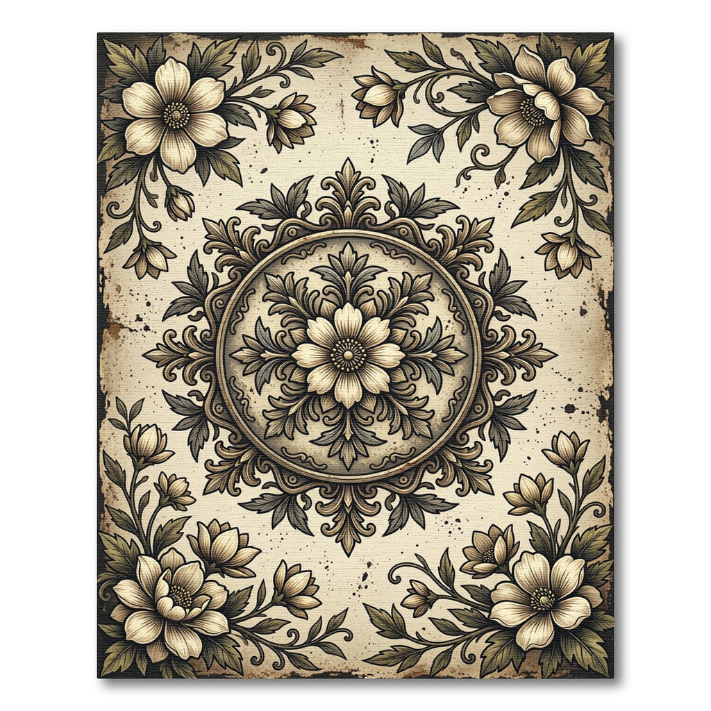 Vintage Cream Floral Medallion Scroll Rug