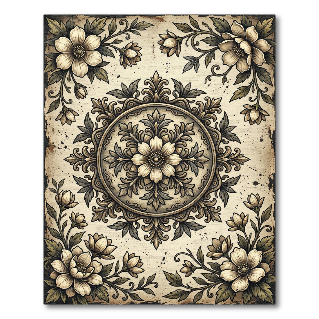 Vintage Cream Floral Medallion Scroll Rug