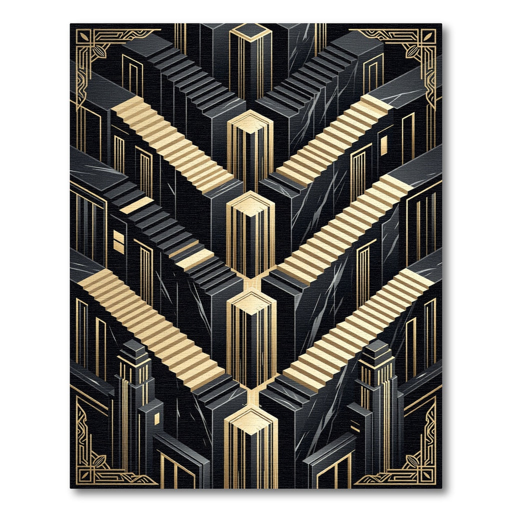 Art Deco Black Gold Geometric Staircase Rug