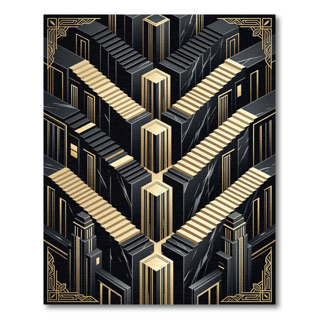 Art Deco Black Gold Geometric Staircase Rug