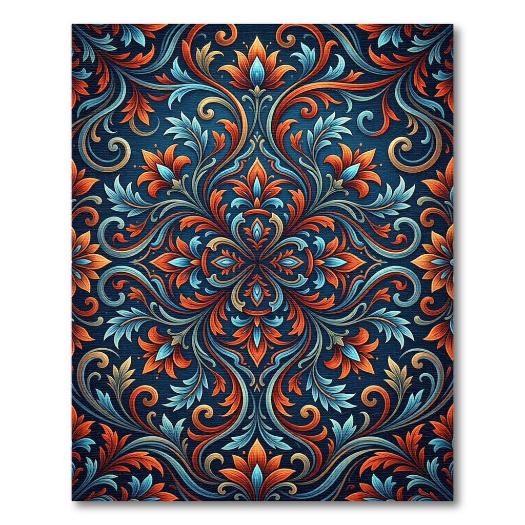 Intricate Floral Swirl Indigo Red Rug