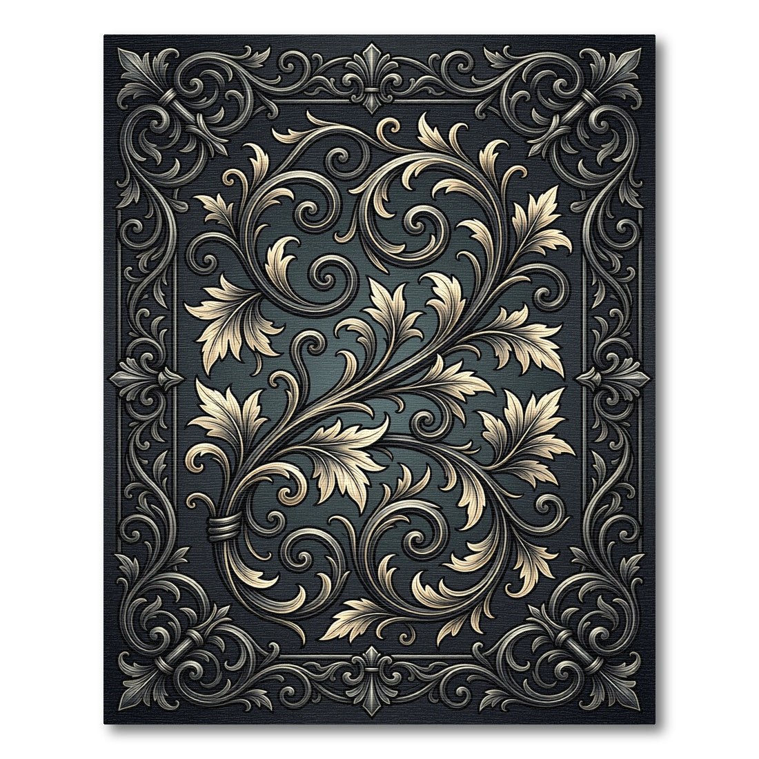Ornate Scrolling Golden Leaf Motif Rug