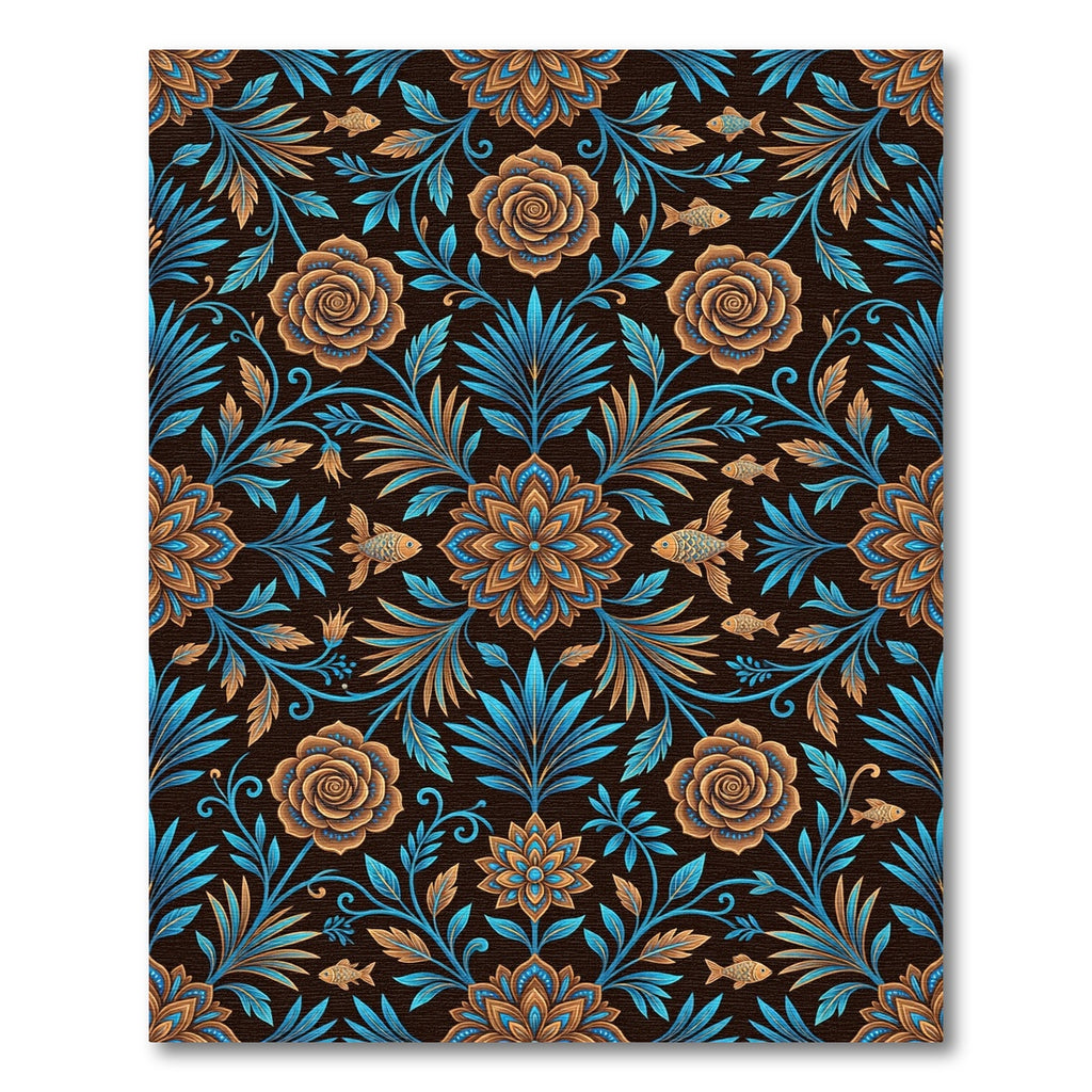 Botanical Blue and Copper Floral Fish Rug