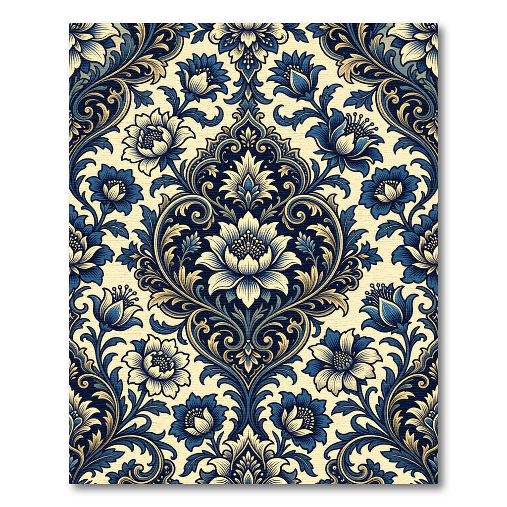 Navy Cream Floral Damask Scroll Rug