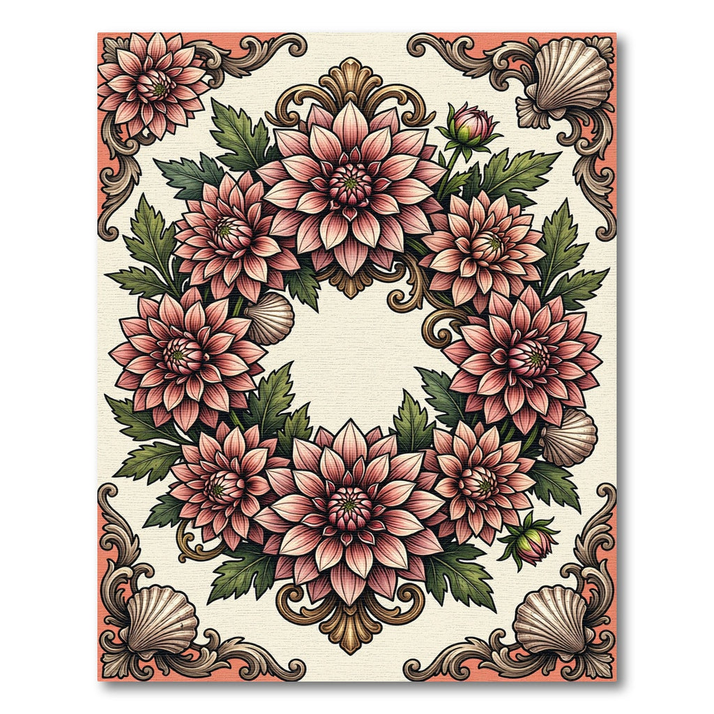 Vintage Blush Dahlia Wreath Seashell Rococo Rug