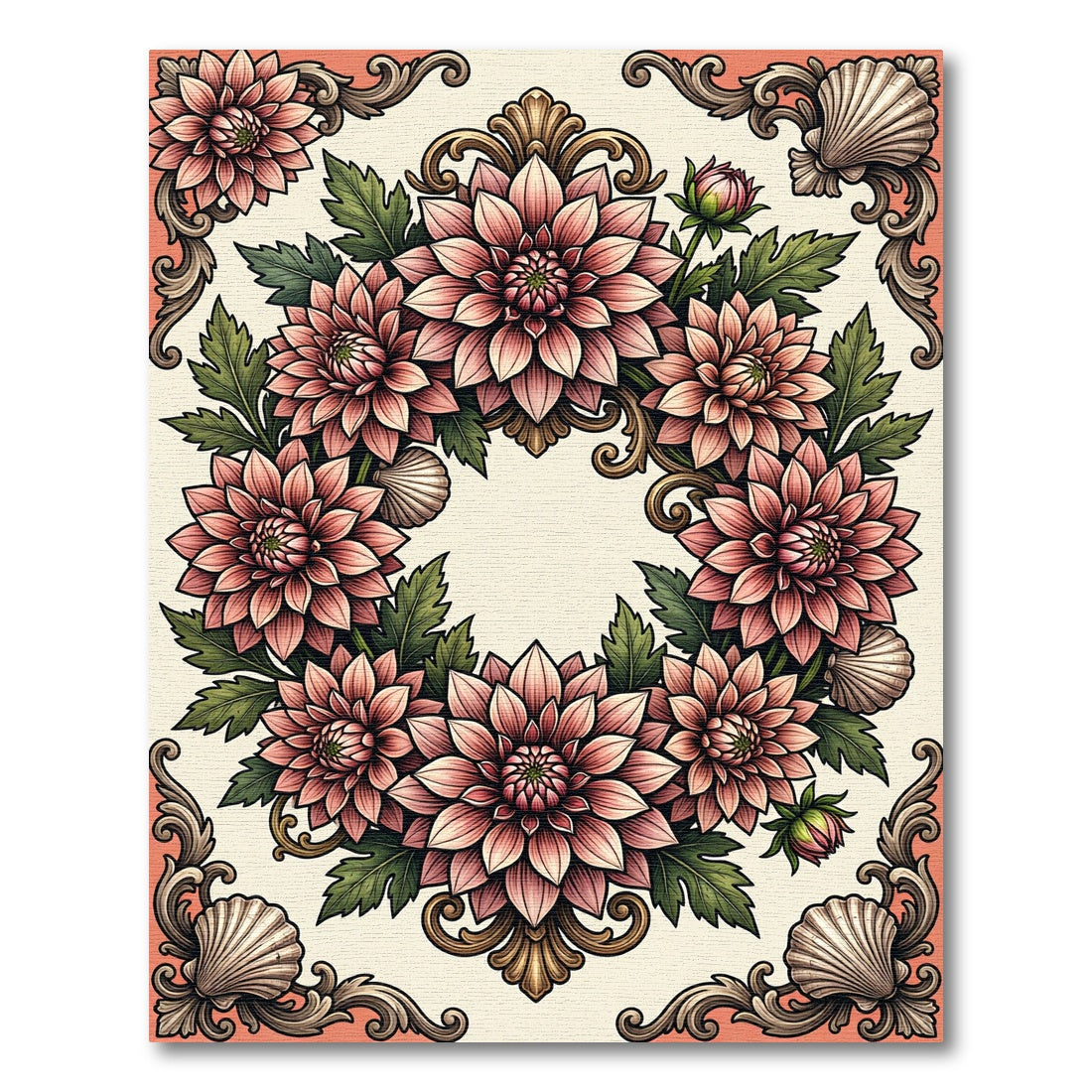 Vintage Blush Dahlia Wreath Seashell Rococo Rug