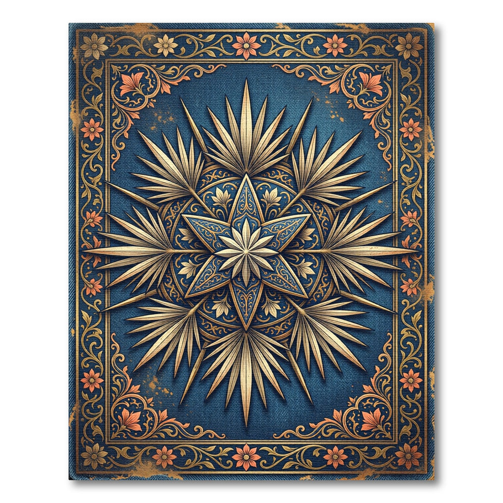 Ornate Navy Gold Starburst Medallion Rug