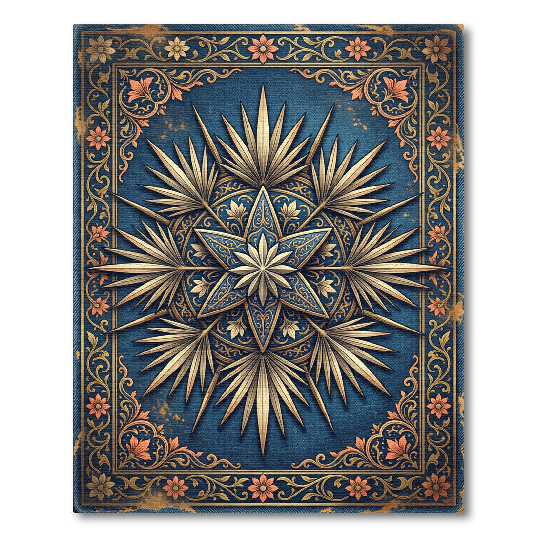 Ornate Navy Gold Starburst Medallion Rug