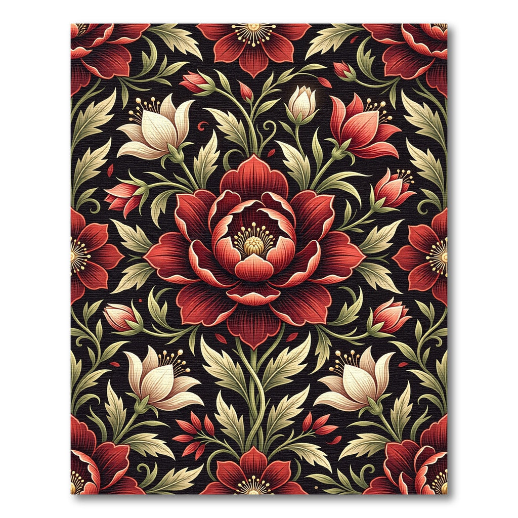 Dark Crimson Floral Botanical Arrangement Rug