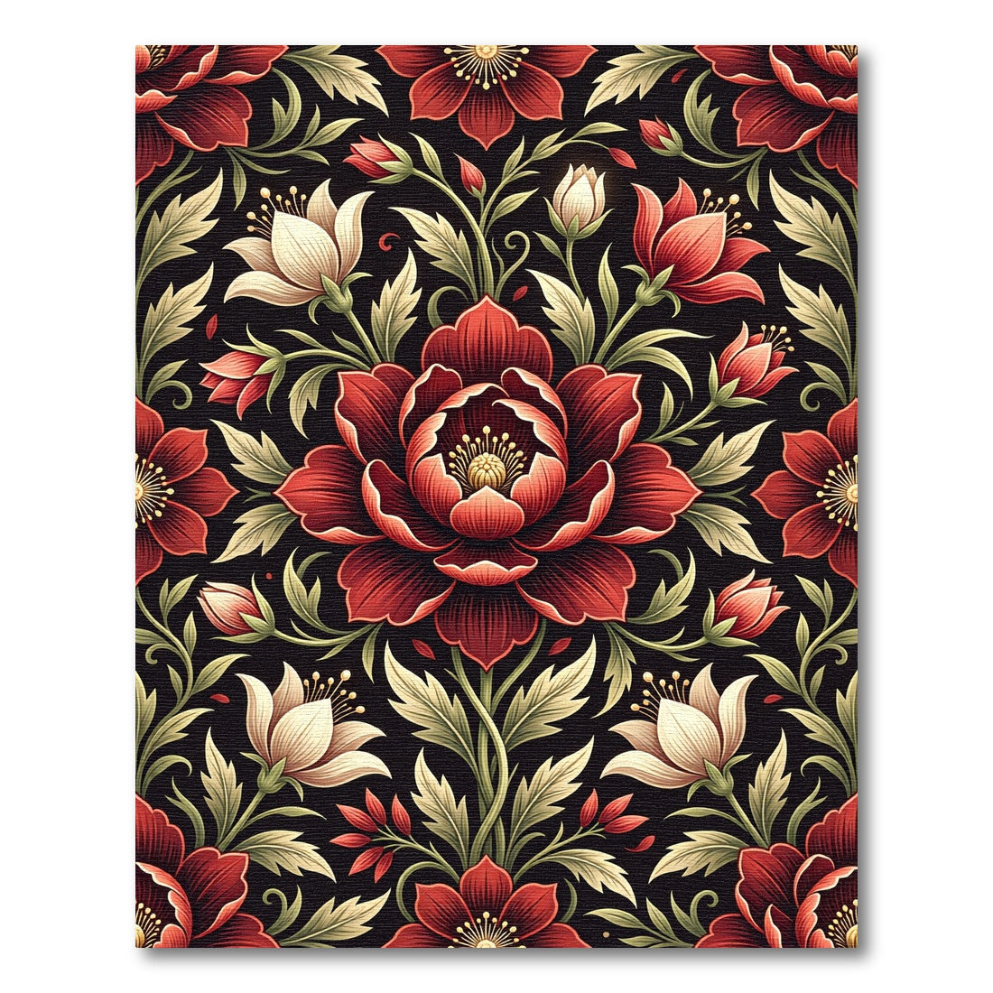 Dark Crimson Floral Botanical Arrangement Rug