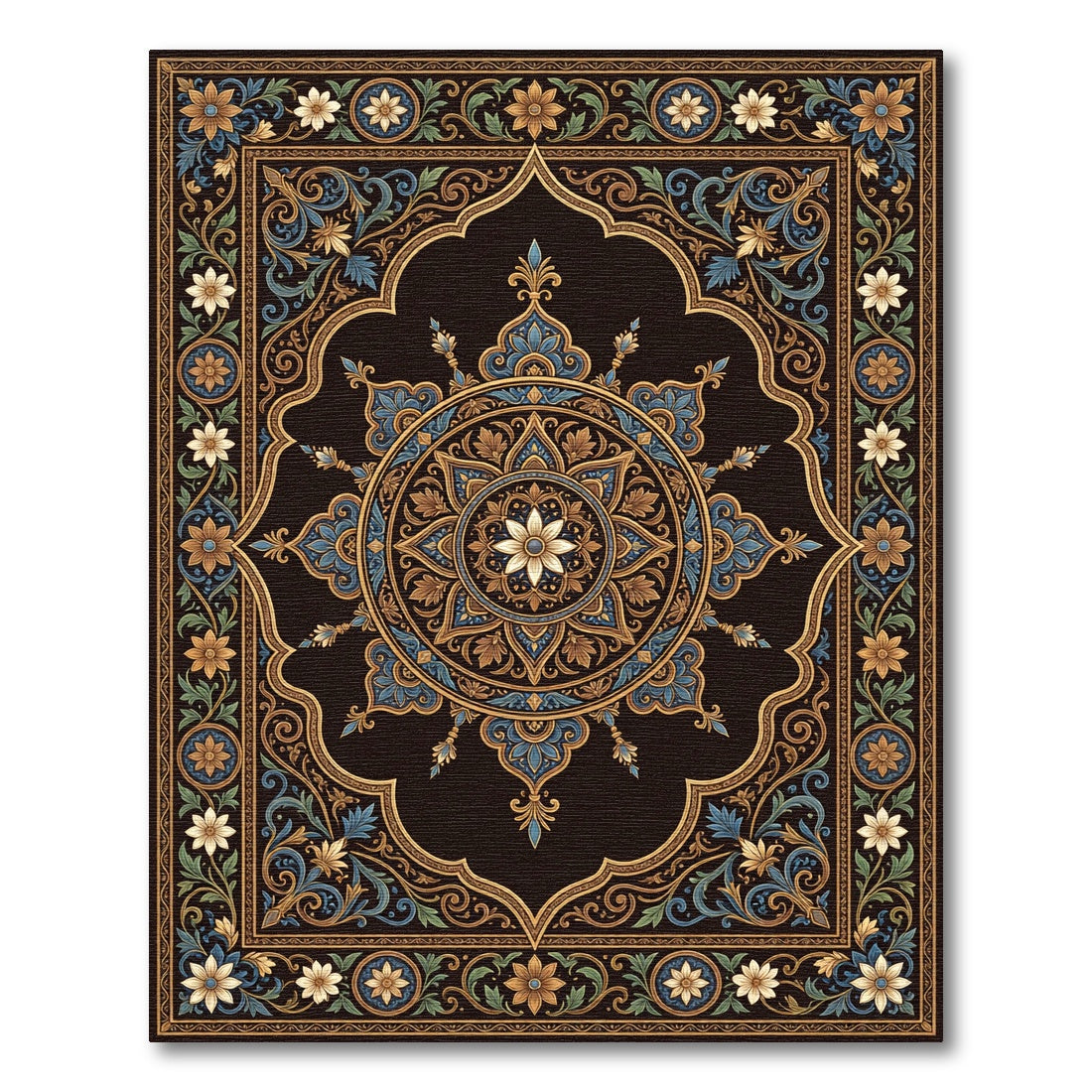 Ornate Gold Sapphire Floral Medallion Rug