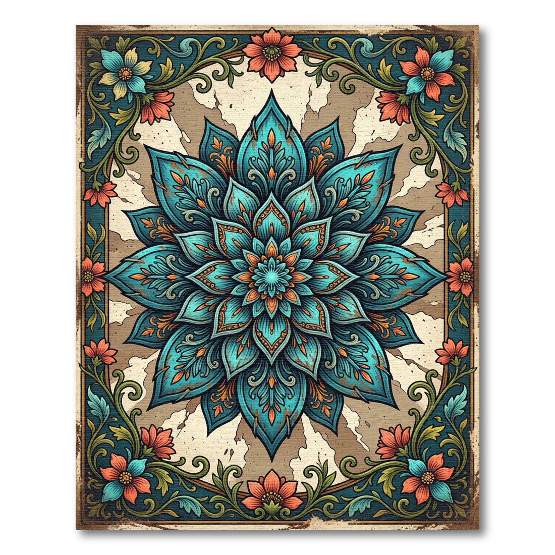 Teal Floral Medallion Accent Piece Rug