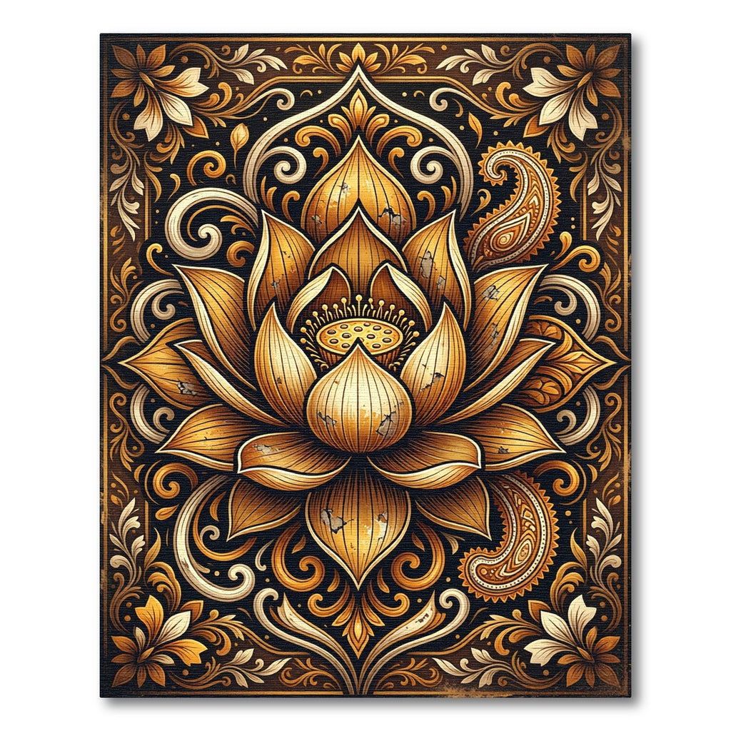 Ornate Golden Lotus Paisley Medallion Rug