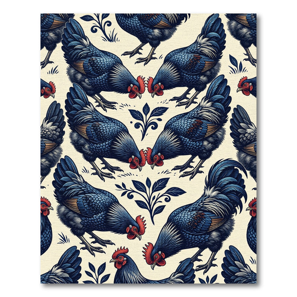 Folk Art Indigo Rooster Floral Tile Rug