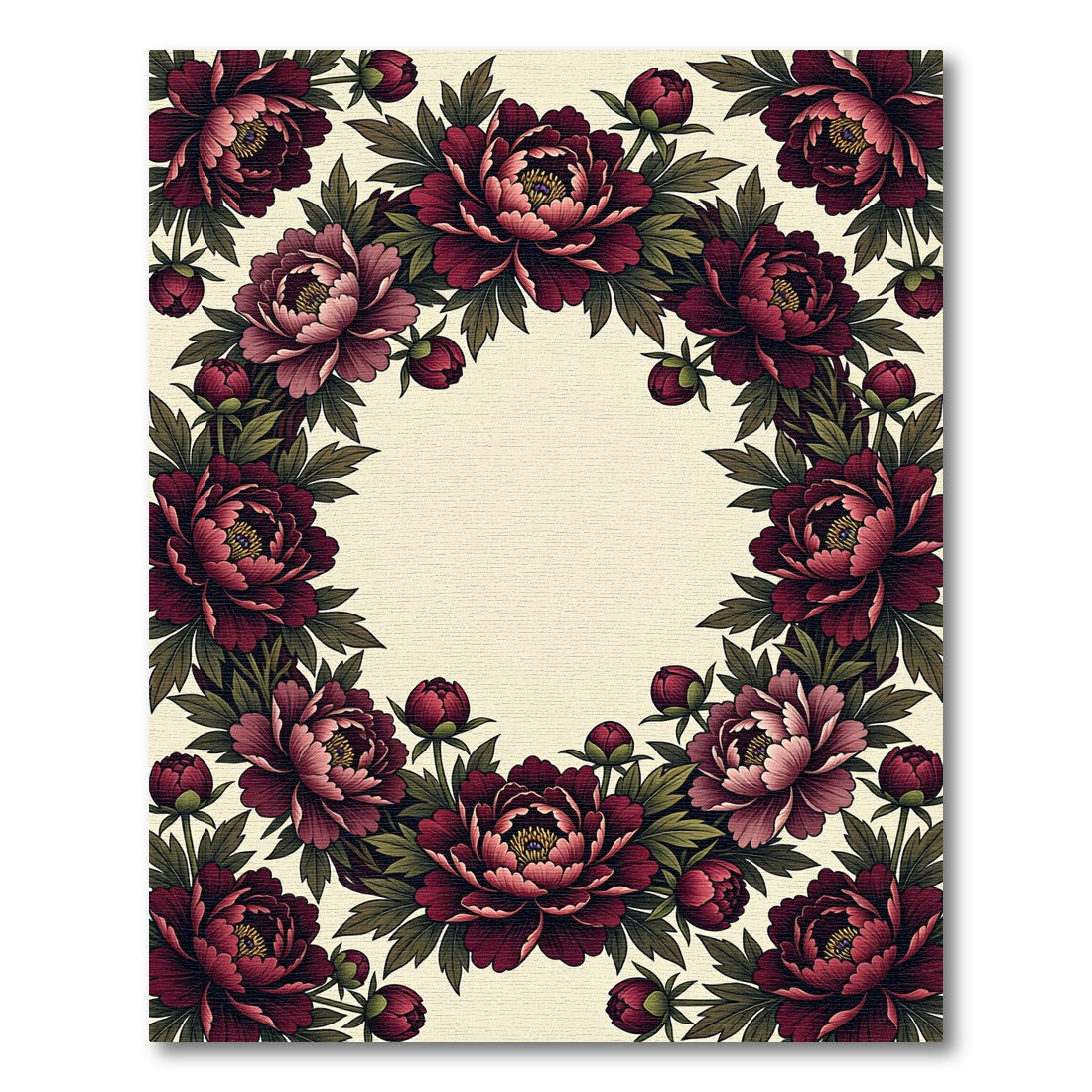 Deep Burgundy Peony Floral Wreath Rug