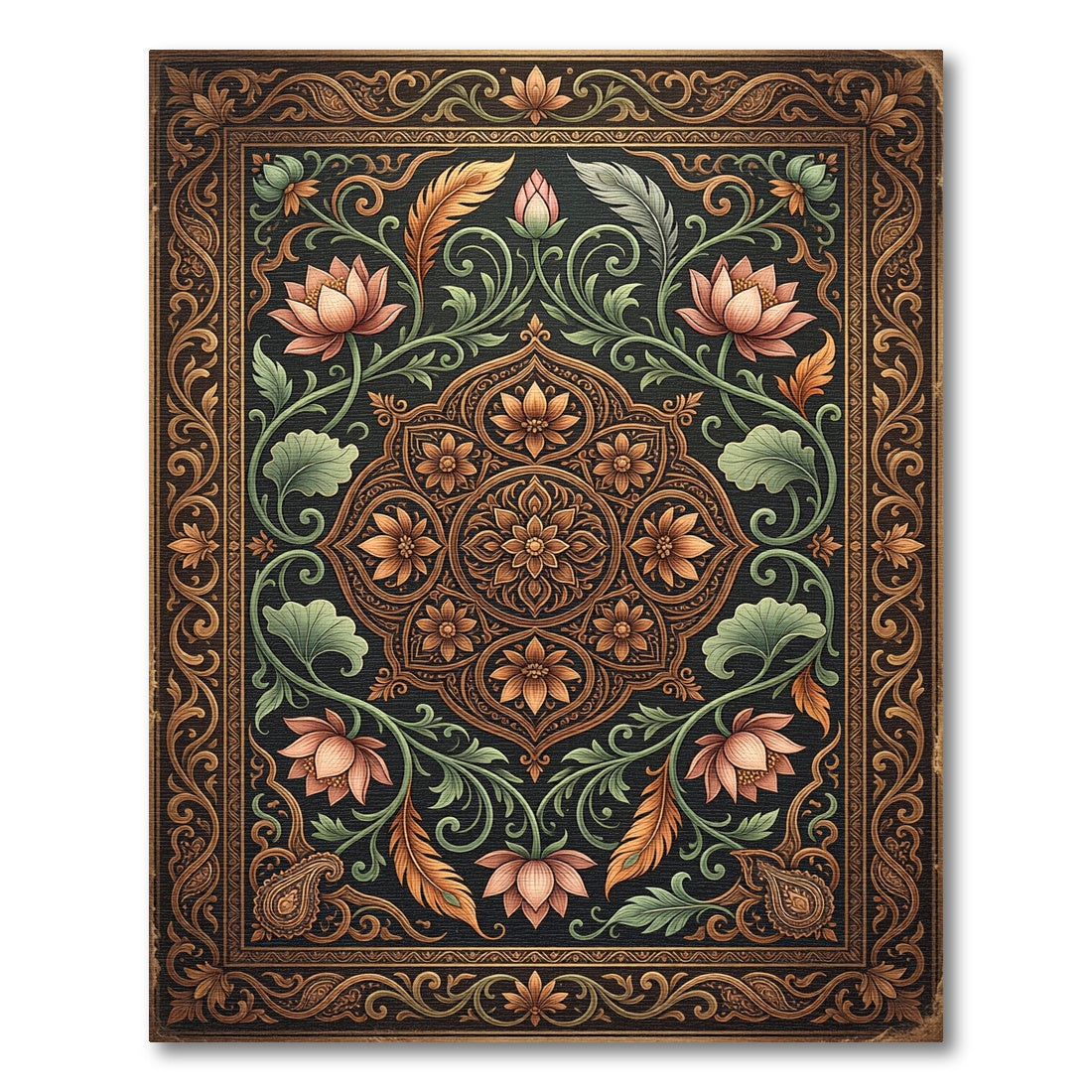 Ornate Bronze Lotus Floral Black Rug