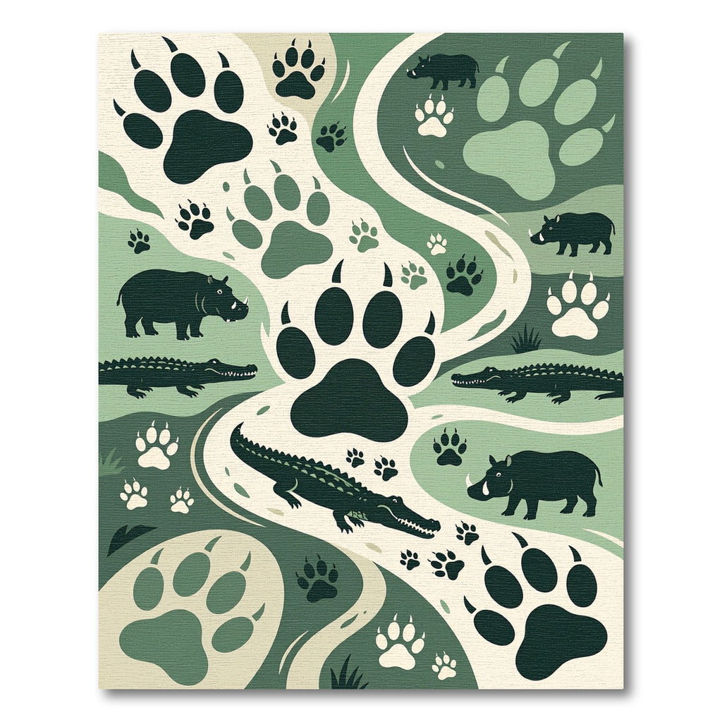 Sage Green Jungle Animal Tracks Illustration Rug