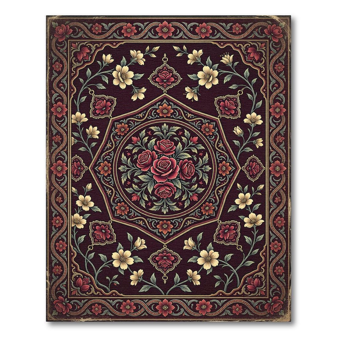 Earthy Burgundy Floral Hexagon Medallion Rug