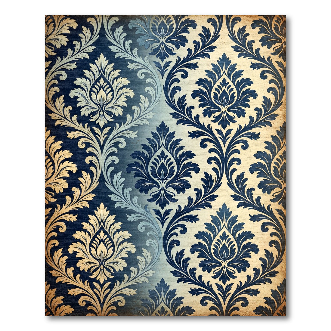 Navy Blue Damask Ornate Scroll Rug