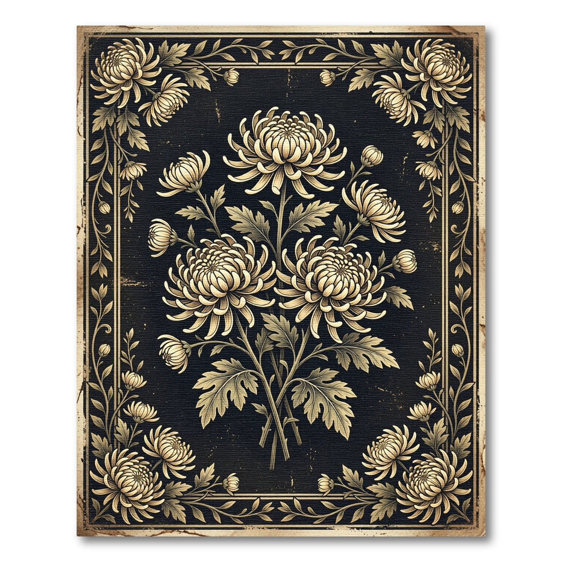 Vintage Gold Black Floral Chrysanthemum Illustration Rug