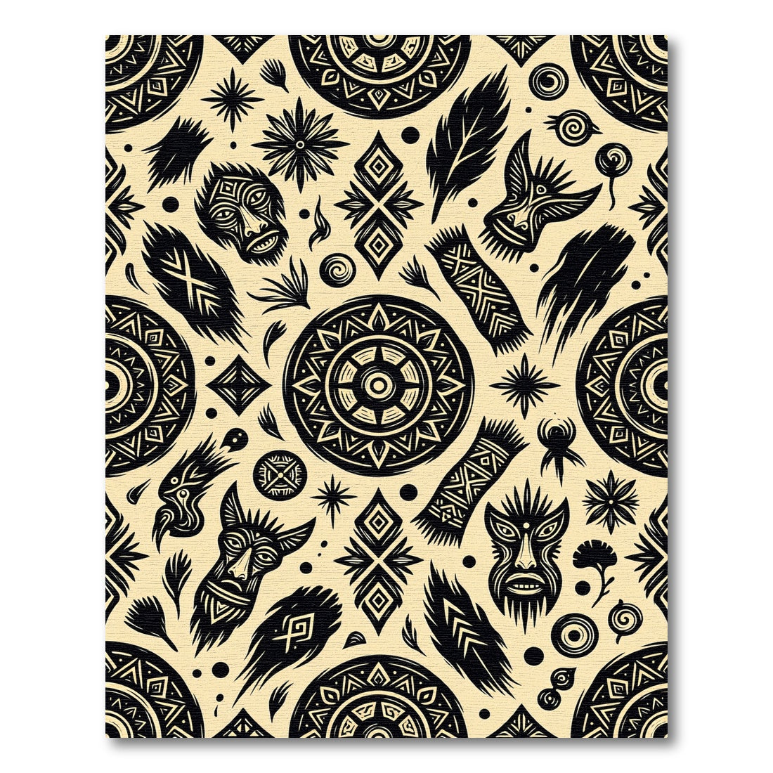 Tribal Masks Stars Feathers Sun Circles Rug