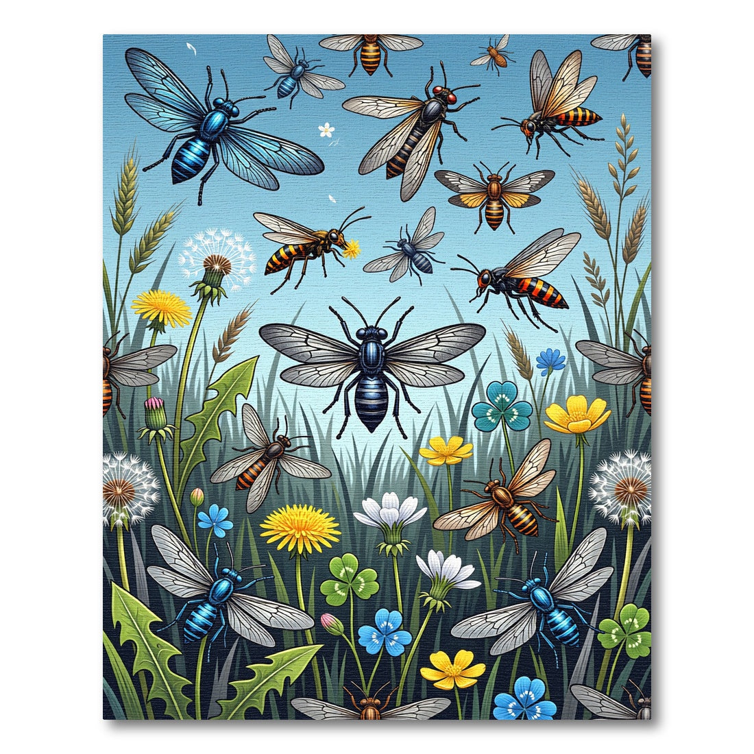 Vibrant Flying Insect Meadow Floral Garden Rug