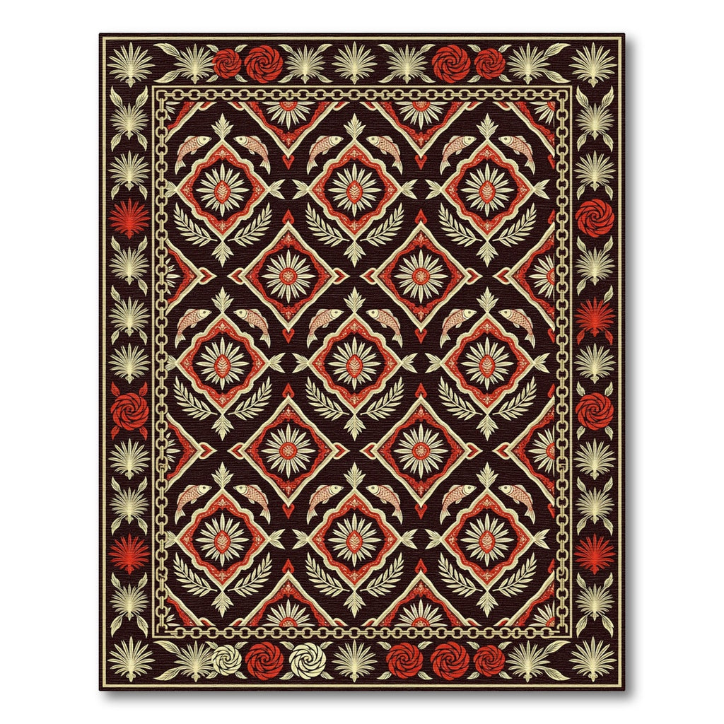 Crimson Gold Fish Floral Chain Border Rug