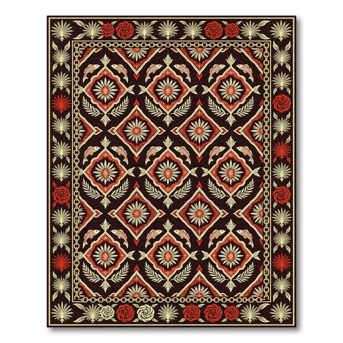 Crimson Gold Fish Floral Chain Border Rug