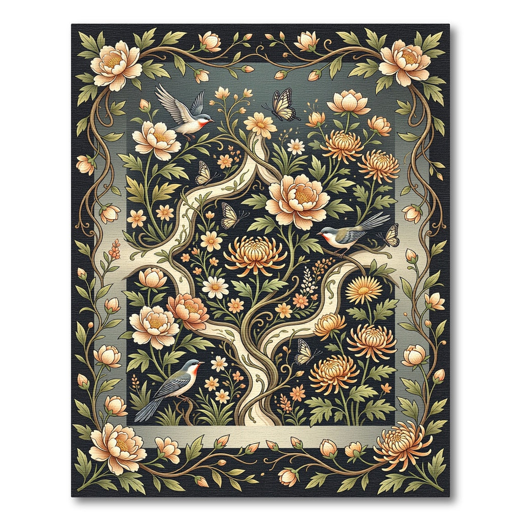 Ornate Peach Blossom Birds Butterflies Rug