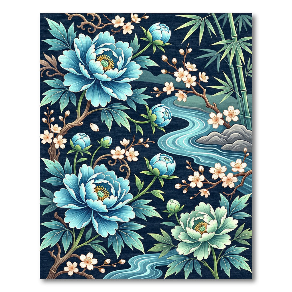 Blue Peony Bamboo Stream Floral Rug