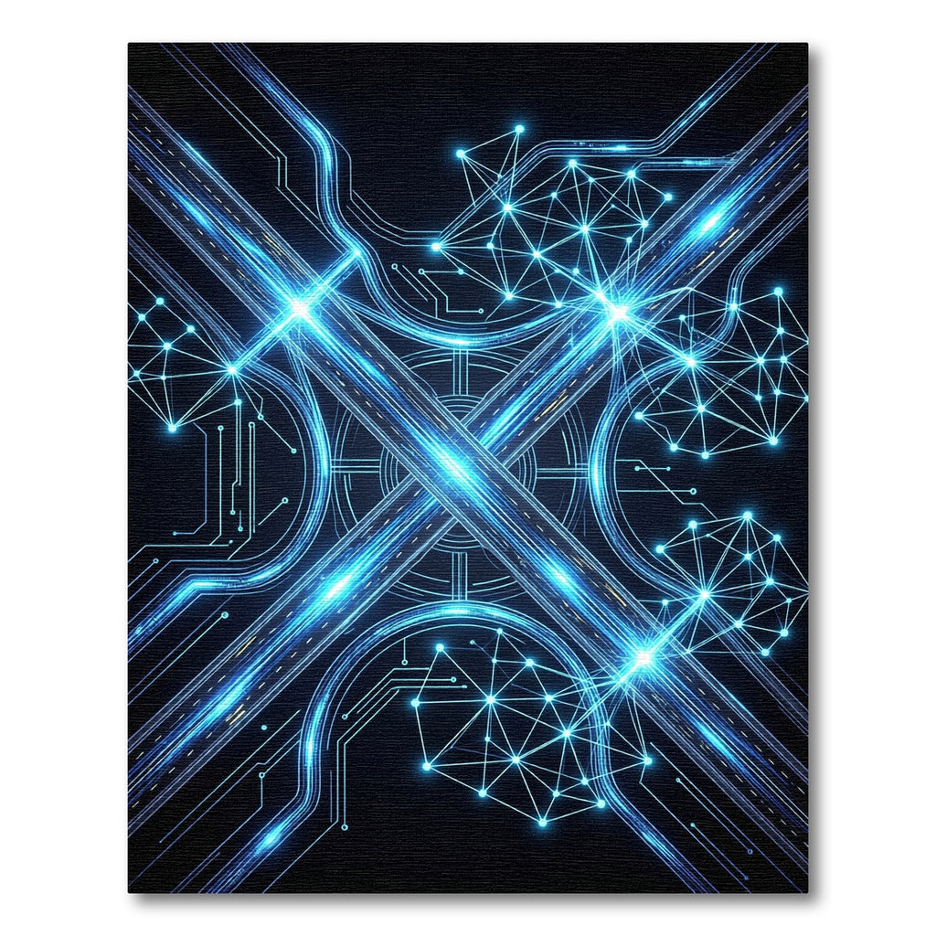 Luminous Blue Cybernetic Geometric Matrix Rug