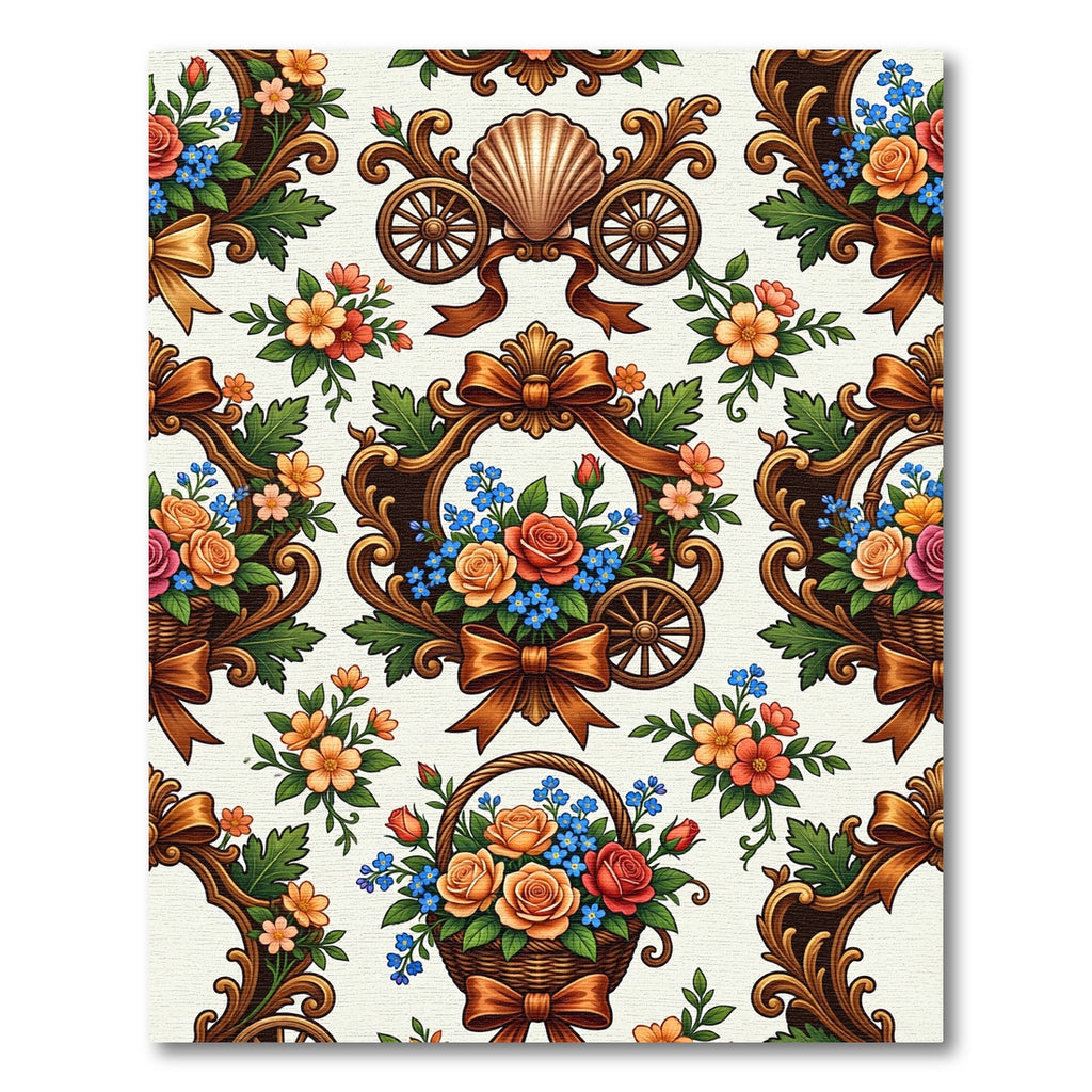 Ornate Floral Basket Wagon Motif Rug
