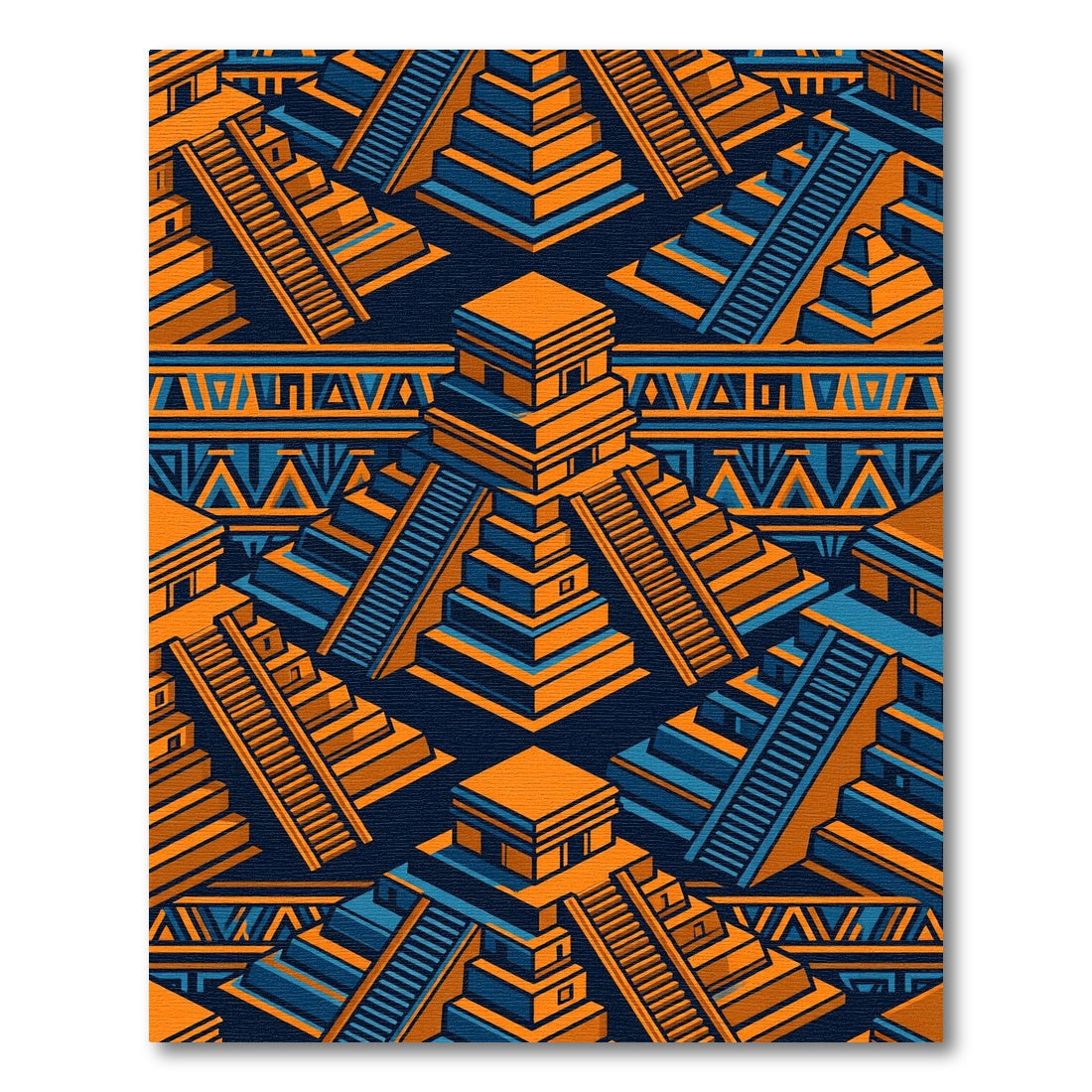 Geometric Orange Blue Aztec Pyramid Artwork Rug